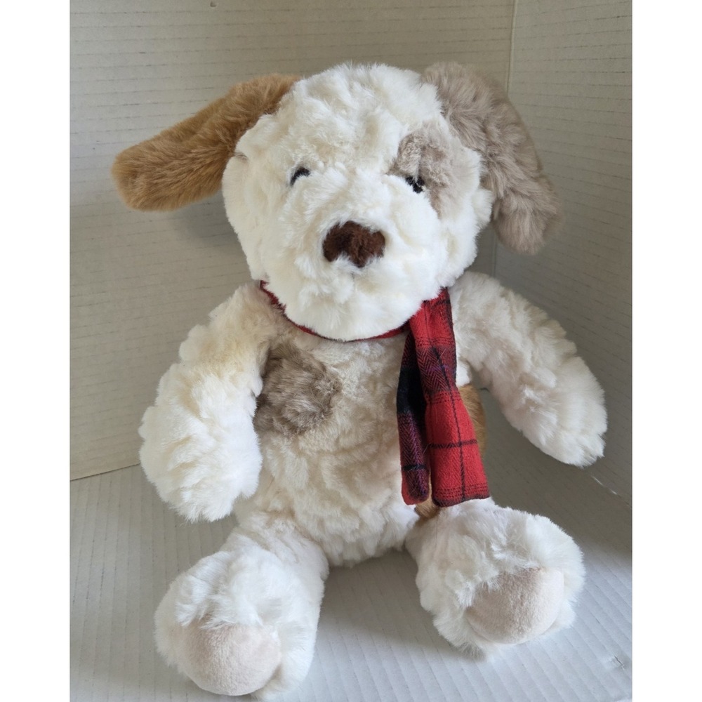 Mary Meyer Snuggables Cream Tan Brown Patches Puppy Dog Soft Plush Red Scarf 10"